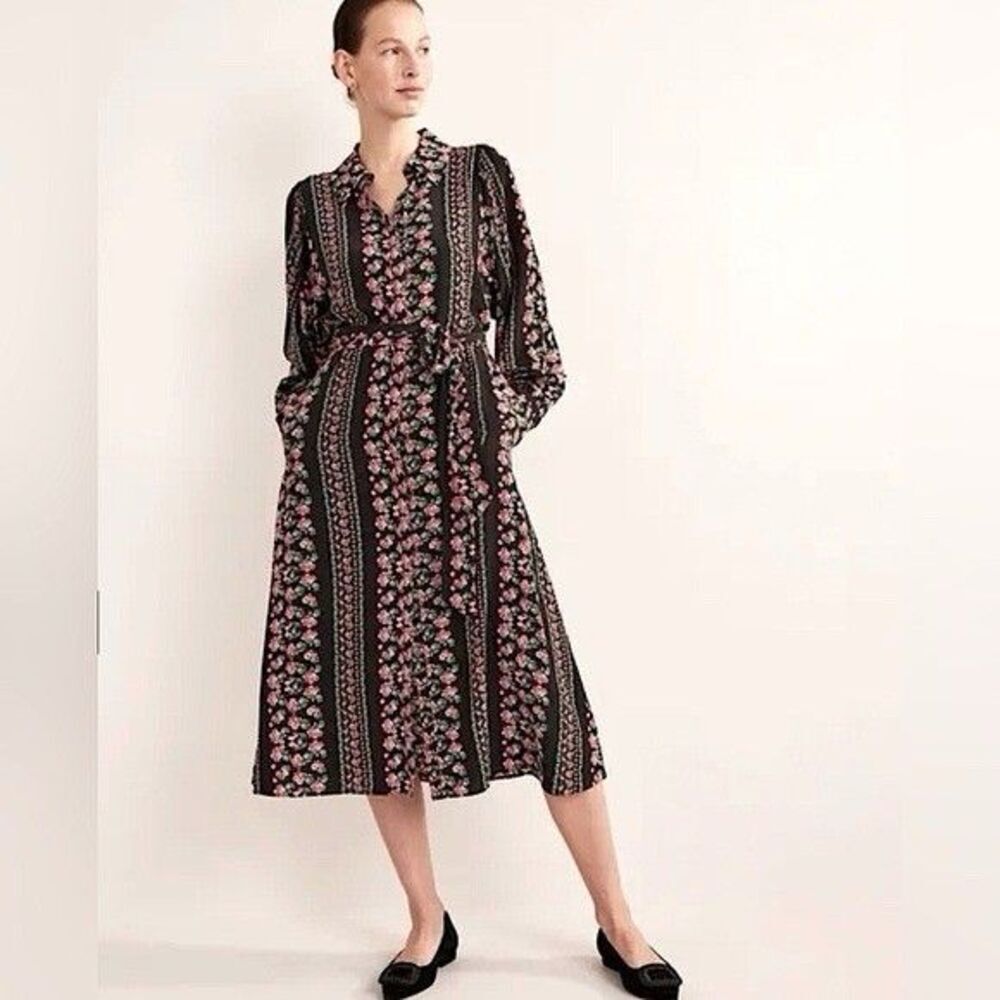 Boden New Shirt Dress Size 8L Marcia Jersey Black Red Floral Tie Waist D0478